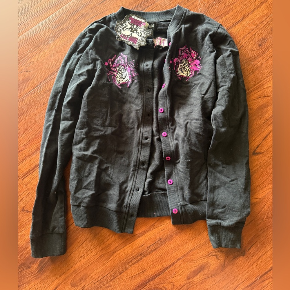 Iron Fist Black Cardigan with Purple Rose Accents